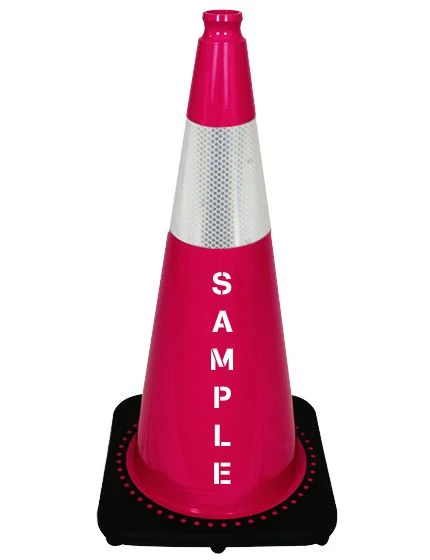 Pink 28\" 7 lbs JBC Black Base Traffic Cone with Single 6\" Reflective Collar and Custom Lettering