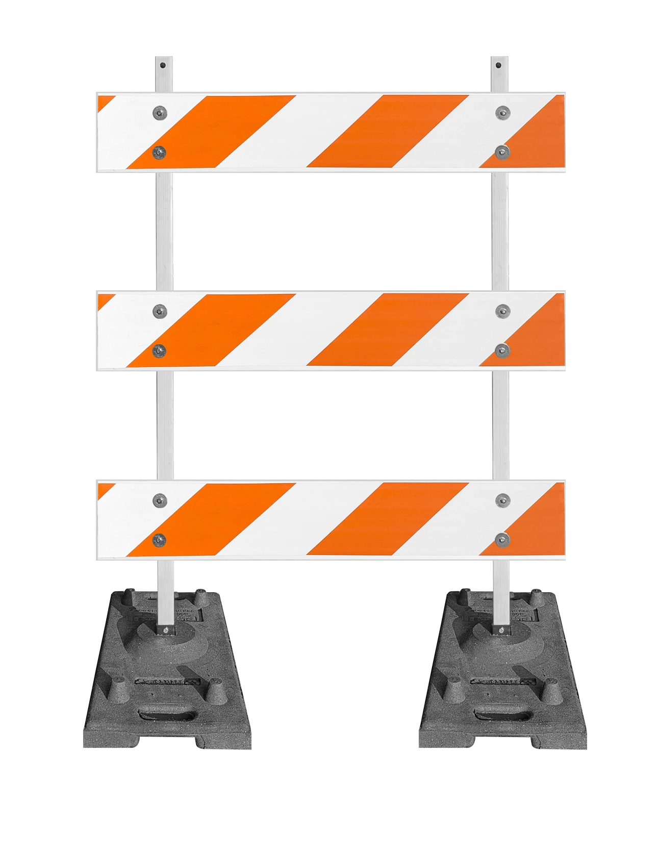 63\" Tall MUTCD Type III Barricade -Plastic Power Post Uprights, Rubber Ballast Feet \u0026 Three 4\u0027 Plastic Boards w/HI Sheeting On Both Sides Of Rails