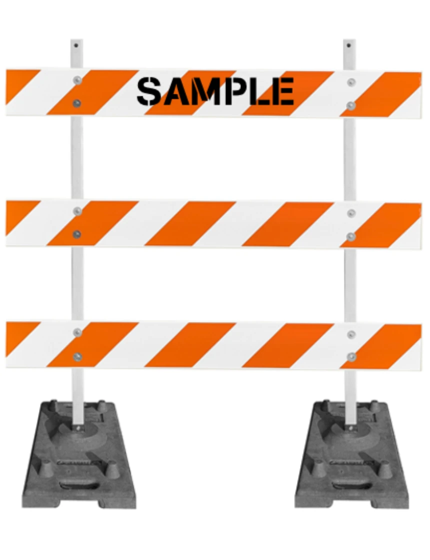 63\" Tall MUTCD Type III Barricade -Plastic Power Post Uprights, Rubber Ballast Feet \u0026 Three 6\u0027 Plastic Boards w/EG Sheeting On Both Sides Of Rails \u0026 Custom Lettering