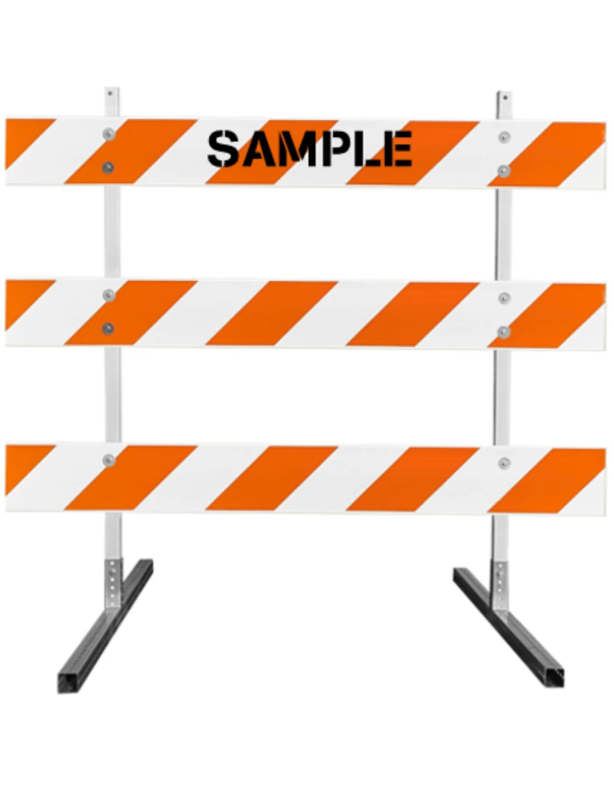 63\" Tall MUTCD Type III Barricade -Plastic Power Post Uprights, Square Steel Sign Post Feet \u0026 Three 6\u0027 Plastic Boards w/HI Sheeting On Both Sides Of Rails \u0026 Custom Lettering