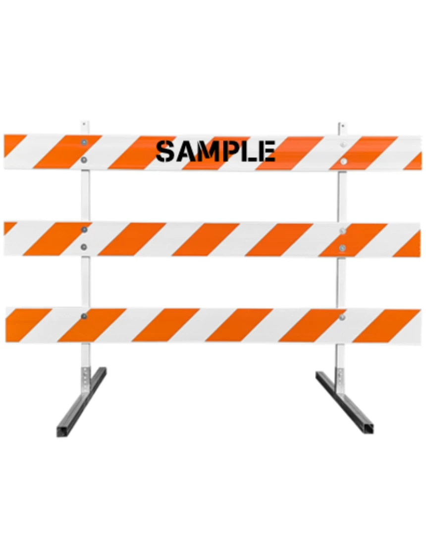 63\" Tall MUTCD Type III Barricade -Plastic Power Post Uprights, Square Steel Sign Post Feet \u0026 Three 8\u0027 Plastic Boards w/EG Sheeting On Both Sides Of Rails \u0026 Custom Lettering