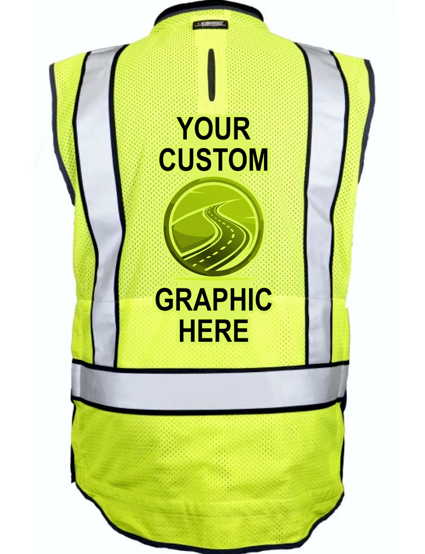 Kishigo Lime and Black, Premium Black Series Tool Tethering Vest, Class 2, with Custom Single Color Graphic, Medium