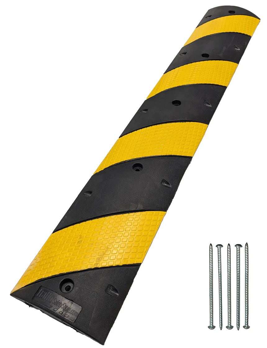 6\u0027 Black \u0026 Yellow Rubber Speed Bump w/ Five (5) 14\" Rebar Spikes