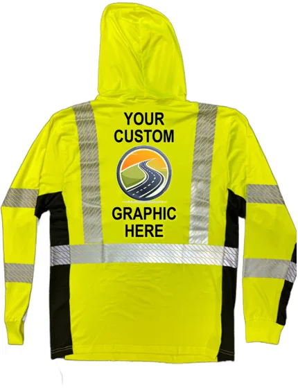 Liberty Safety Hivizgard Lime Class 3 Long Sleeve, Hooded, T-Shirt w/Black Sides, 2Xl w/ Full Color Custom Graphic