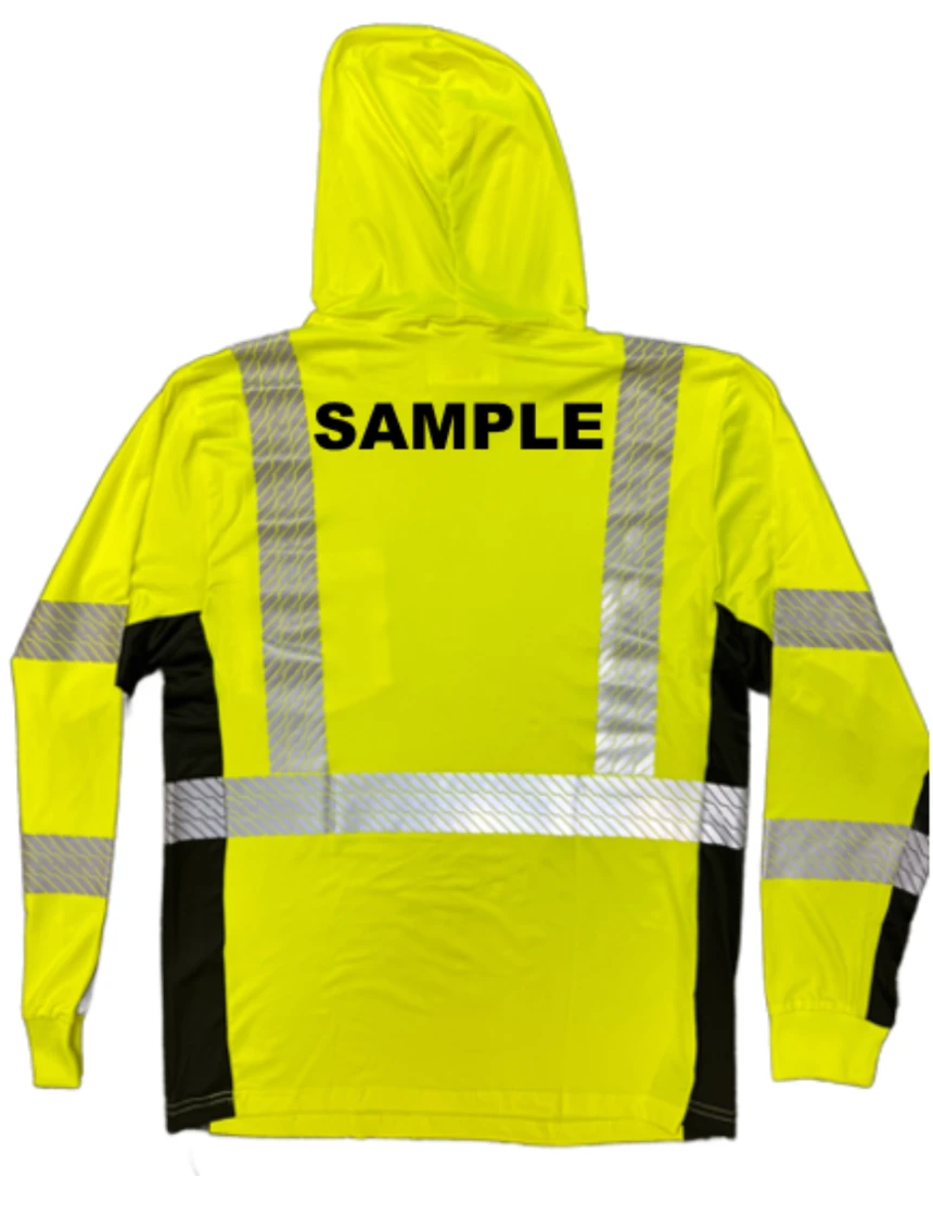 Liberty Safety Hivizgard Lime Class 3 Long Sleeve, Hooded, T-Shirt w/Black Sides, 3Xl w/ Custom Black Lettering