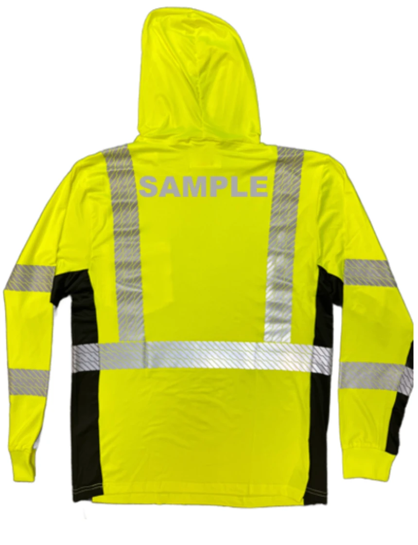 Liberty Safety Hivizgard Lime Class 3 Long Sleeve, Hooded, T-Shirt w/Black Sides, 3Xl w/ Custom Reflective Lettering