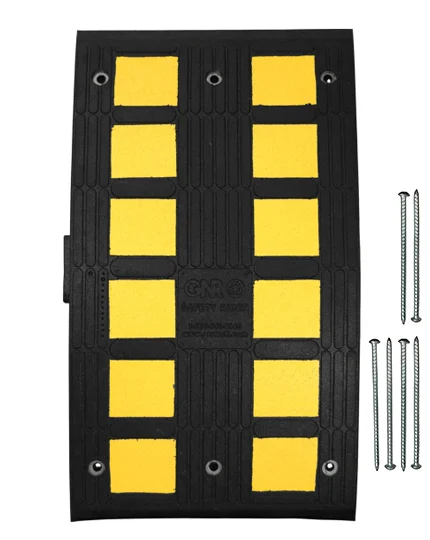 Heavy Duty Recycled Rubber Speed Hump Section, 35.5\"L x 19.5\"W x 2.1\"T w/14\" Galvanized Rebar Spikes