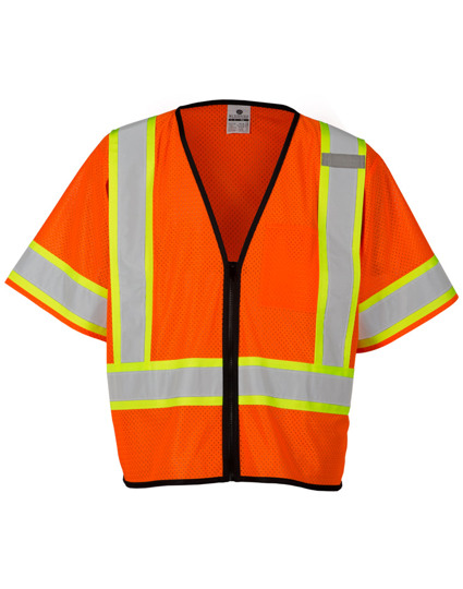 Orange, Single Pocket, Contrasting Mesh Class 3 Vest, L-Xl