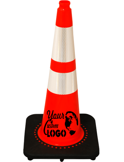 Slim Line Orange 28\" 7 lbs JBC Black Base Traffic Cone w/ 6\" \u0026 4\" Reflective Collars w/ Full Color Graphic