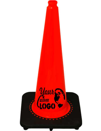 Slim Line Orange 28\" 7 lbs JBC Black Base Traffic Cone w/ Full Color Graphic