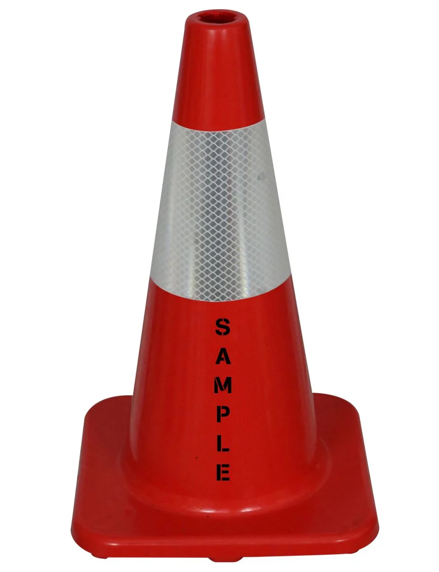 Solid Red, 18\" Economy Cone w/ 6\" Reflective Collar \u0026 Double Sided Custom Lettering