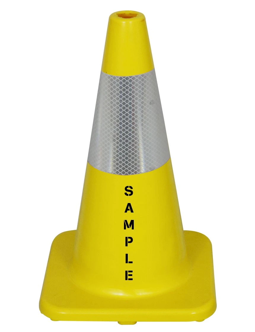 Solid Yellow, 18\" Economy Cone with 6\" Reflective Collar \u0026 Double Sided Custom Lettering