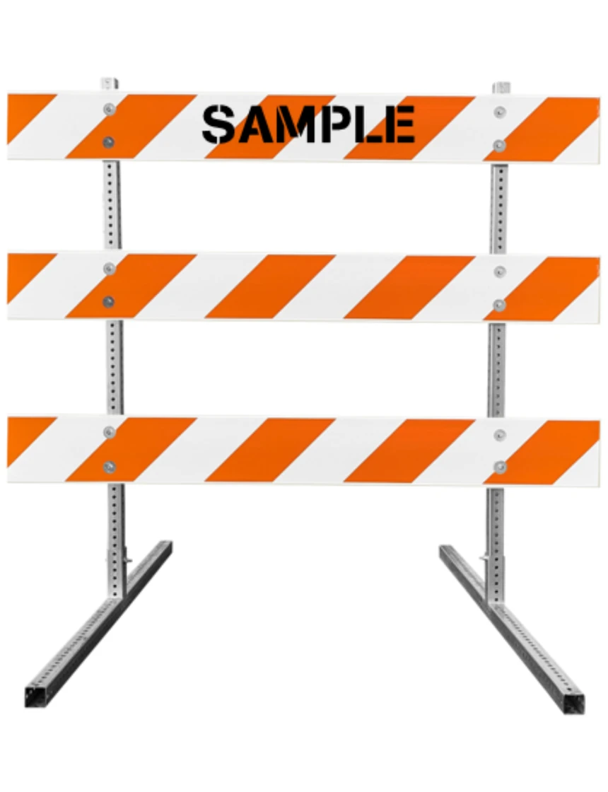 63\" Tall MUTCD Type III Barricade -Square Steel Sign Post Uprights, Square Steel Sign Post Feet \u0026 Three 8\u0027 Plastic Boards w/HI Sheeting \u0026 Custom Lettering