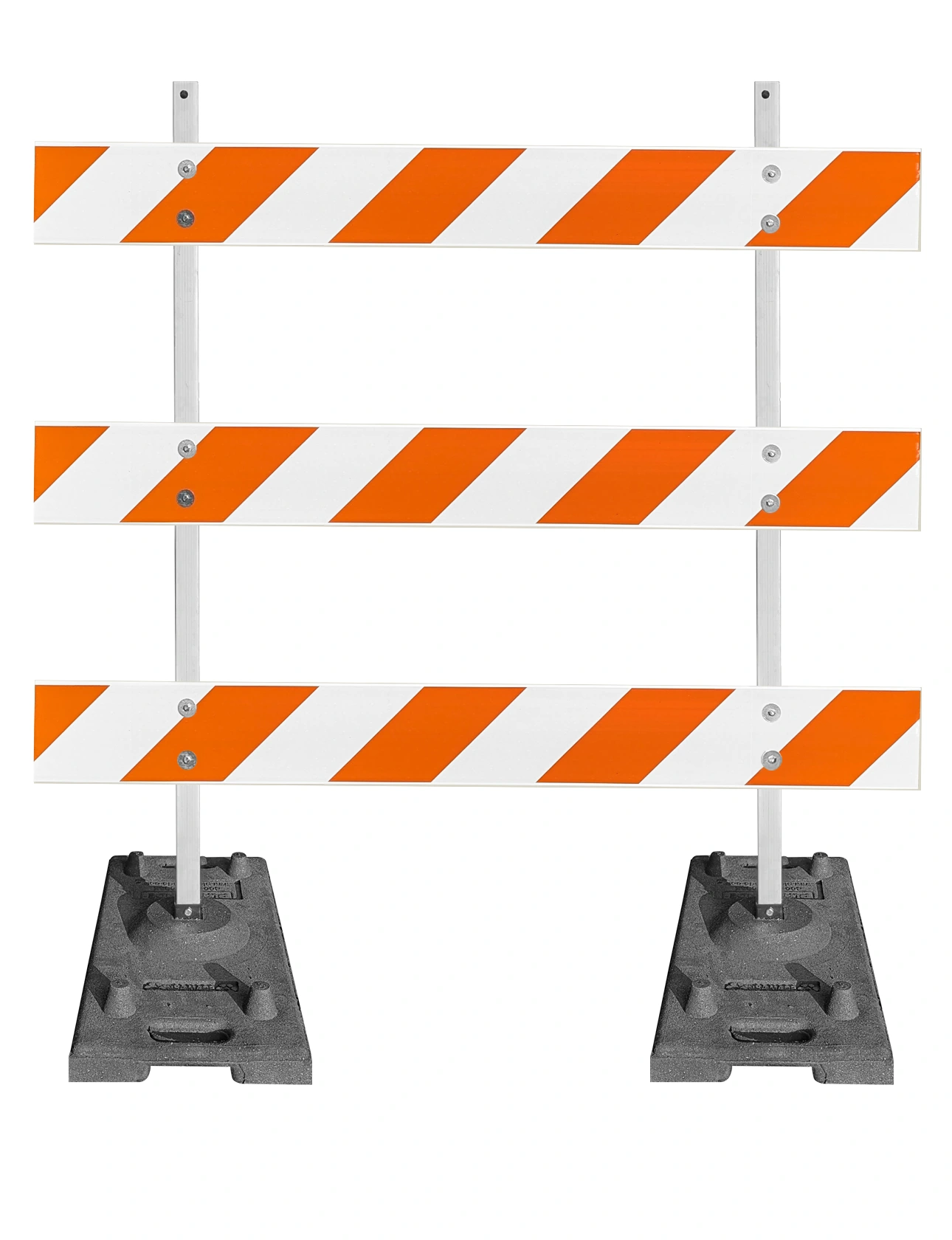 63\" Tall MUTCD Type III Barricade -Plastic Power Post Uprights, Rubber Ballast Feet \u0026 Three 6\u0027 Plastic Boards w/HI Sheeting On Both Sides Of Rails