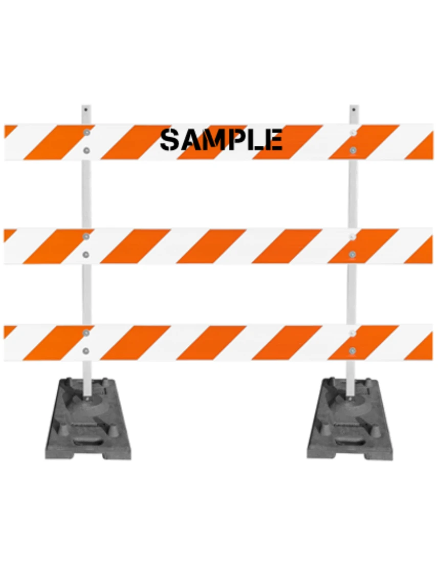 63\" Tall MUTCD Type III Barricade -Plastic Power Post Uprights, Rubber Ballast Feet \u0026 Three 8\u0027 Plastic Boards w/HI Sheeting On Both Sides Of Rails \u0026 Custom Lettering