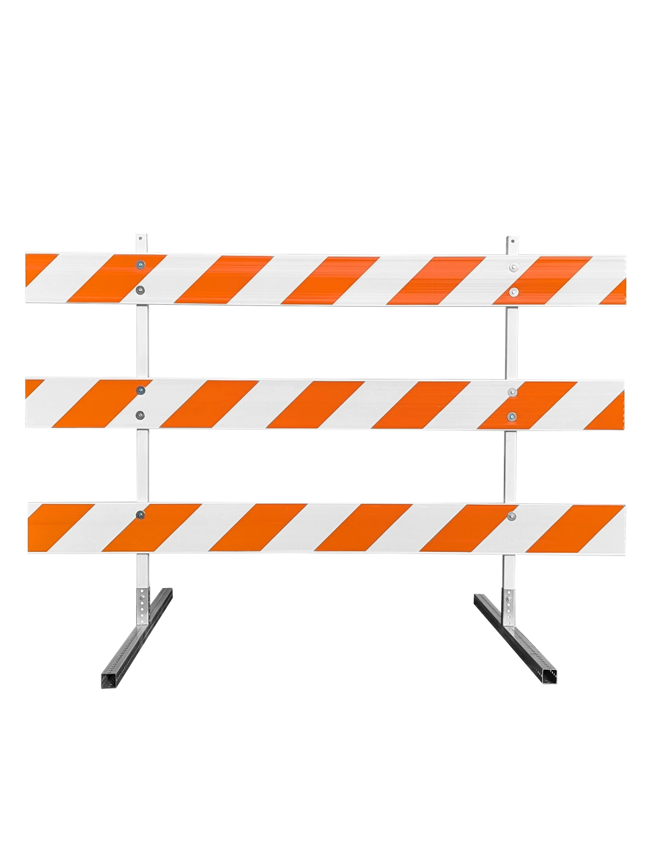 63\" Tall MUTCD Type III Barricade -Plastic Power Post Uprights, Square Steel Sign Post Feet \u0026 Three 8\u0027 Plastic Boards w/EG Sheeting On Both Sides Of Rails
