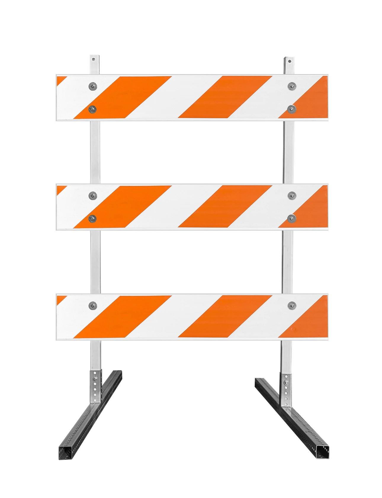 63\" Tall MUTCD Type III Barricade -Plastic Power Post Uprights, Square Steel Sign Post Feet \u0026 Three 4\u0027 Plastic Boards w/HI Sheeting On Both Sides Of Rails