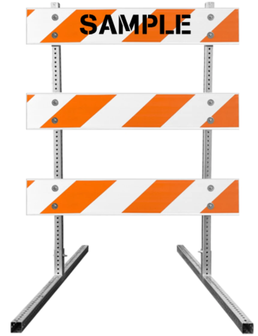 63\" Tall MUTCD Type III Barricade -Square Steel Sign Post Uprights, Square Steel Sign Post Feet \u0026 Three 4\u0027 Plastic Boards w/HI Sheeting \u0026 Custom Lettering