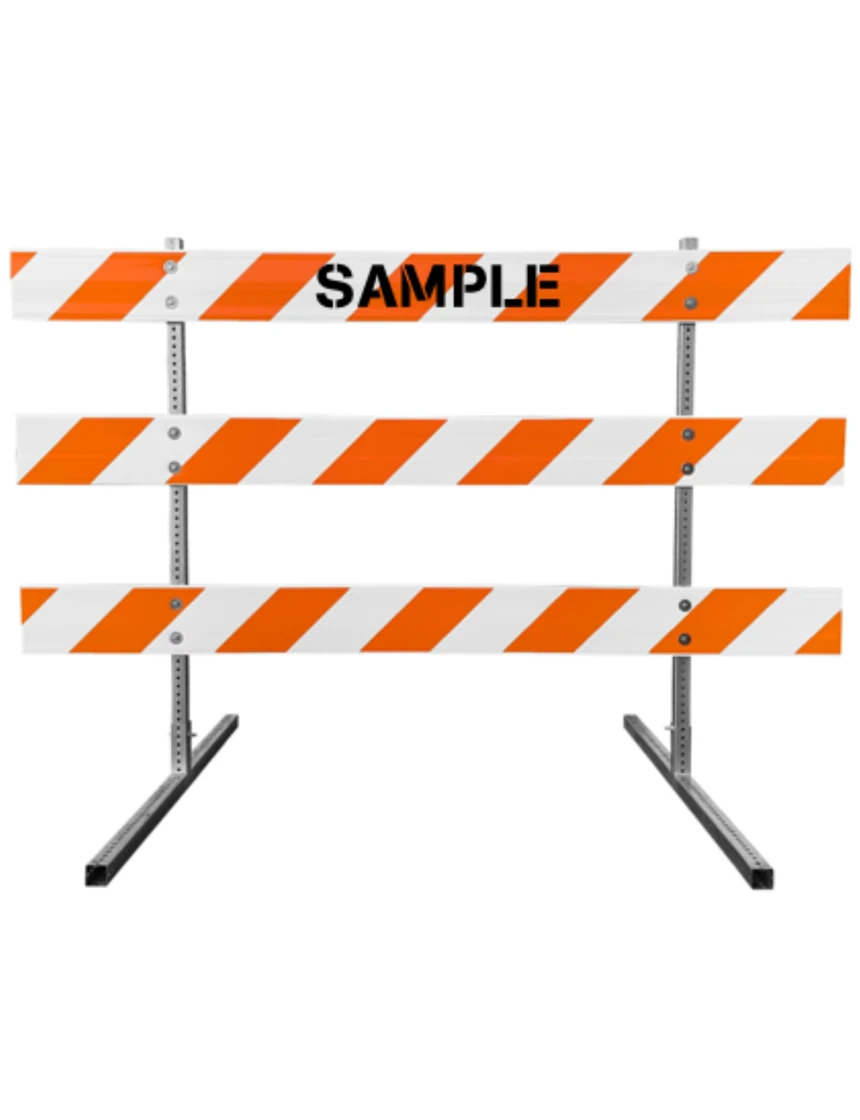 63\" Tall MUTCD Type III Barricade -Square Steel Sign Post Uprights, Square Steel Sign Post Feet \u0026 Three 8\u0027 Plastic Boards w/HI Sheeting On Both Sides Of Rails \u0026 Custom Lettering