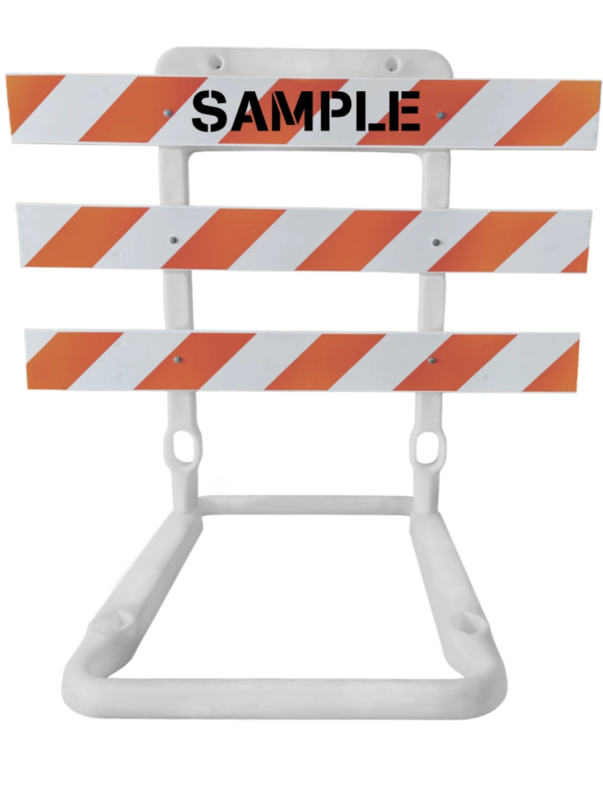 65\" Tall, Plastic, Type 3 Rail Holder with Three (3) 8\" x 6\u0027 Reflective Rails with Engineer Grade (EG) Reflective Orange \u0026 White Rails with Custom Lettering on One (1) Rail