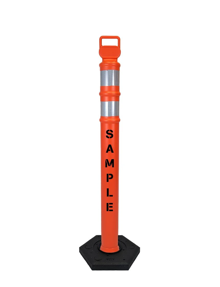 Orange 45\" Cortina EZ Grab delineator tube with two 3\" reflective collars \u0026 18 lb rubber base \u0026 custom lettering