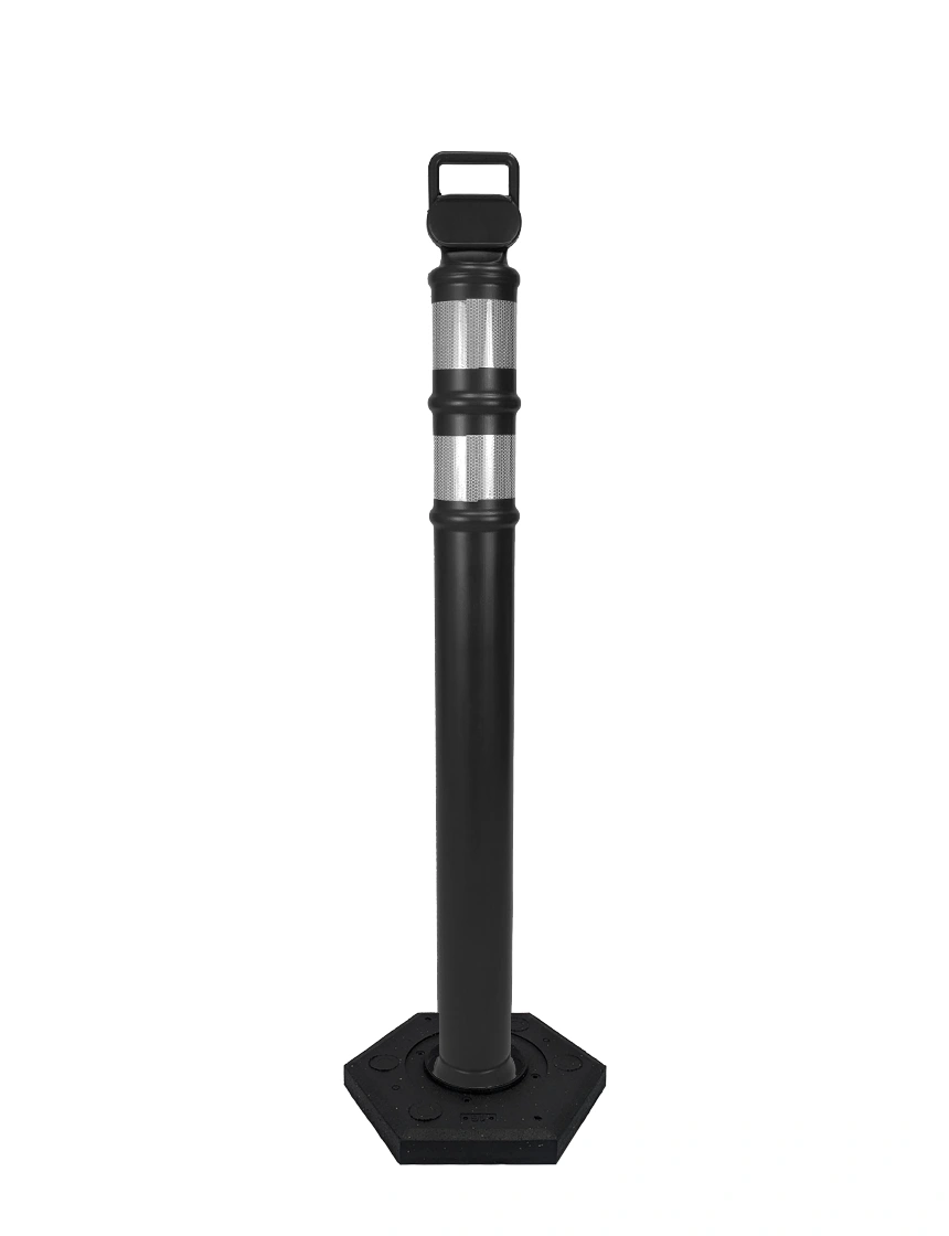 Black 45\" Cortina EZ Grab delineator tube with two 3\" reflective collars \u0026 18 lb rubber base with Single Color Graphic