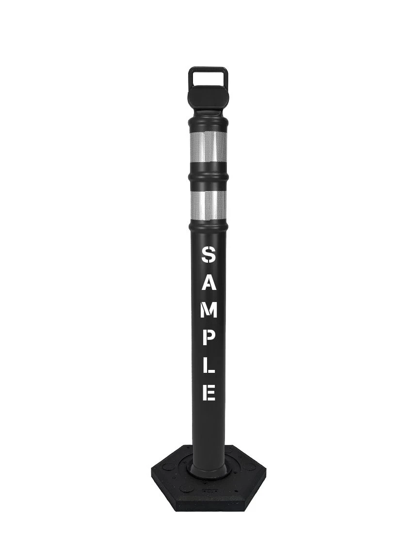 Black 45\" Cortina EZ Grab delineator tube with two 3\" reflective collars \u0026 8 lb rubber base \u0026 custom lettering