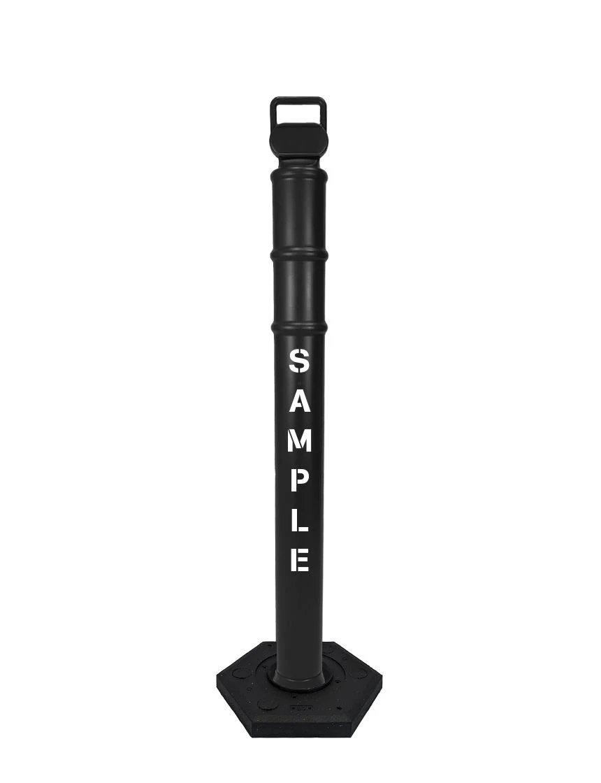 Black 45\" Cortina EZ Grab delineator tube with 8 lb rubber base \u0026 custom lettering