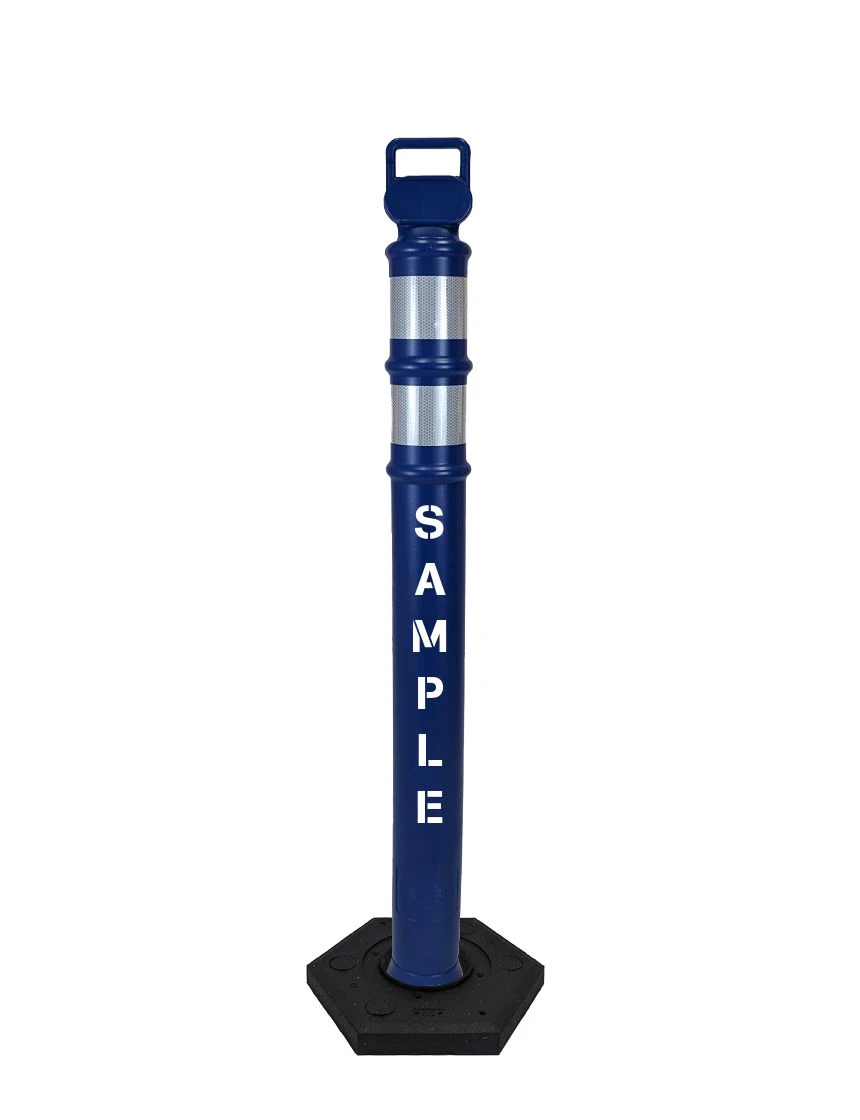 Blue 45\" Cortina EZ Grab delineator tube with two 3\" reflective collars \u0026 18 lb rubber base \u0026 2X custom lettering
