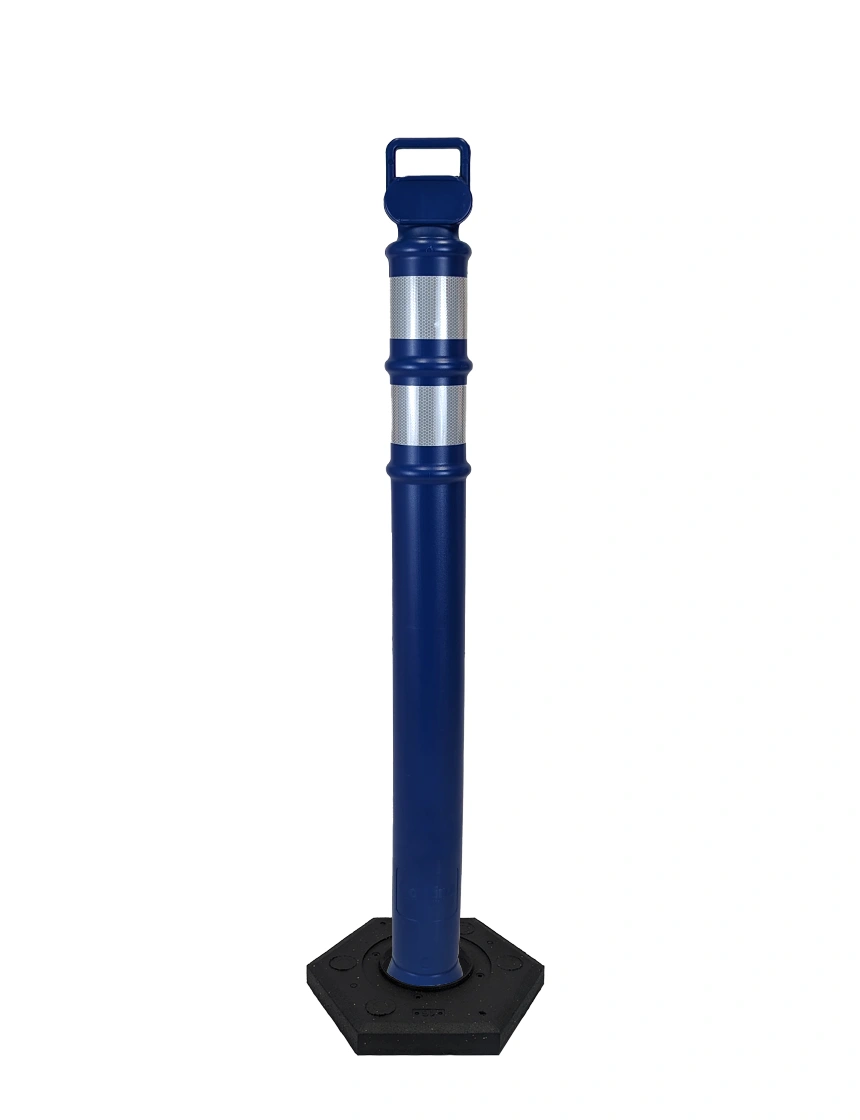 Blue 45\" Cortina EZ Grab delineator tube with two 3\" reflective collars \u0026 8 lb rubber base with Full Color Graphic