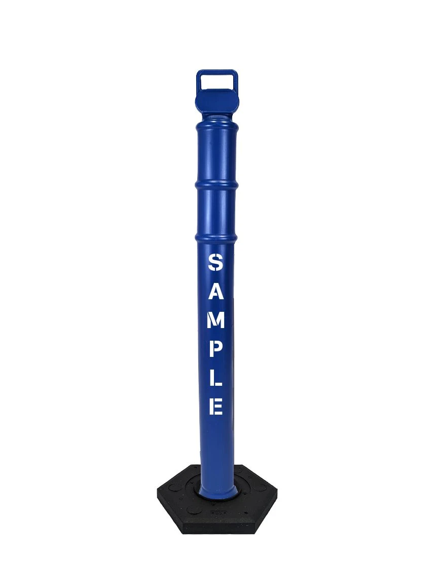 Blue 45\" Cortina EZ Grab delineator tube with 8 lb rubber base \u0026 custom lettering