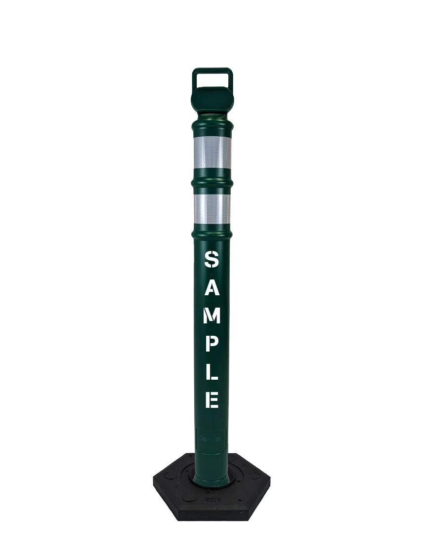 Dark Green 45\" Cortina EZ Grab delineator tube with two 3\" reflective collars \u0026 12 lb rubber base \u0026 custom lettering