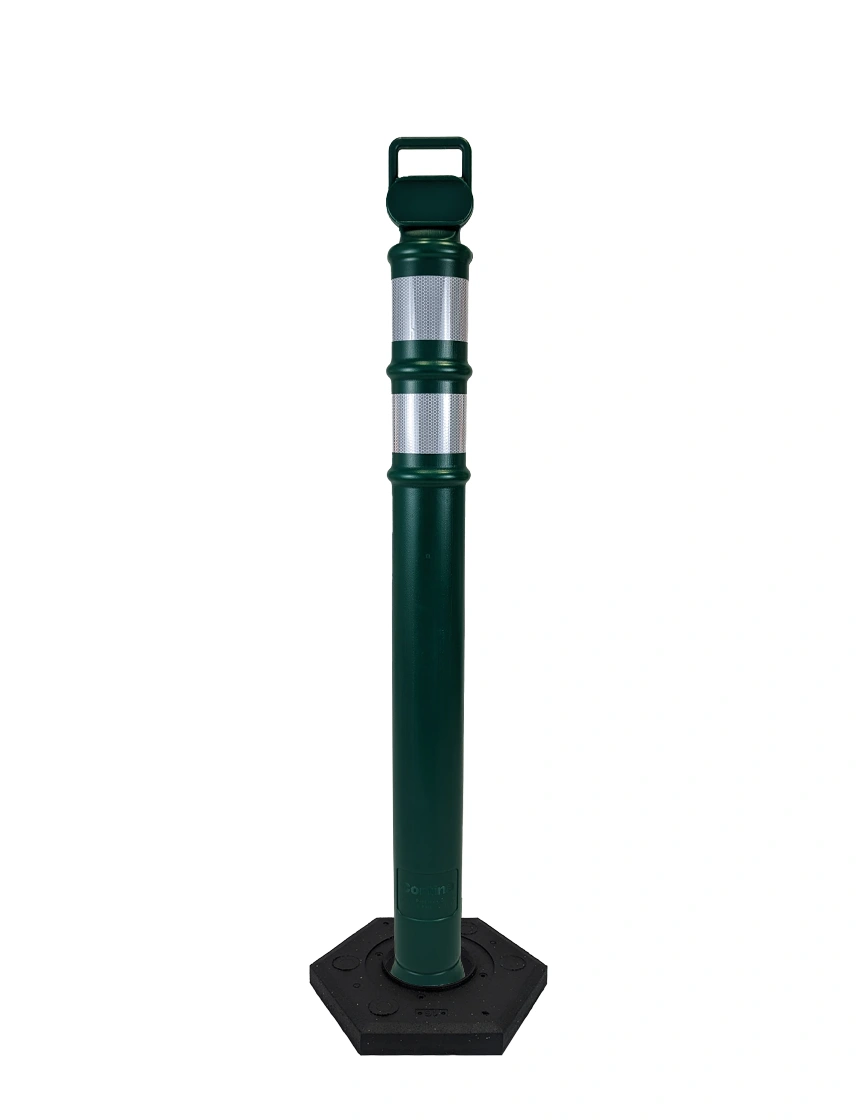 Dark Green 45\" Cortina EZ Grab delineator tube with two 3\" reflective collars \u0026 8 lb rubber base with Single Color Graphic