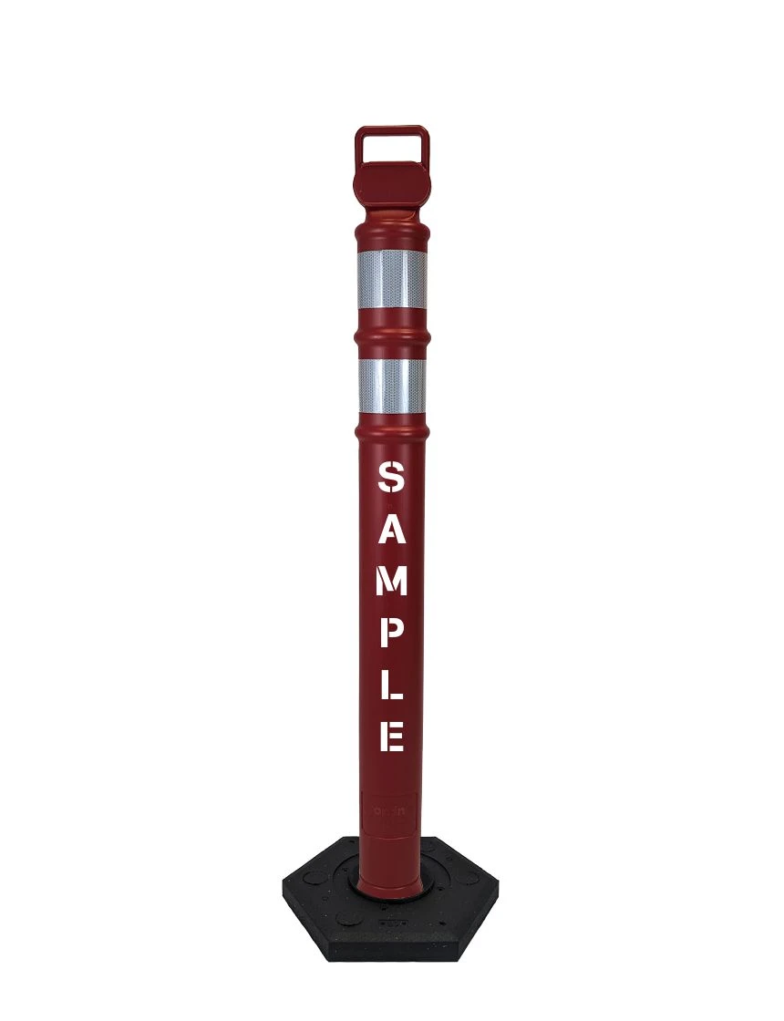 Red 45\" Cortina EZ Grab delineator tube with two 3\" reflective collars \u0026 12 lb rubber base \u0026 custom lettering