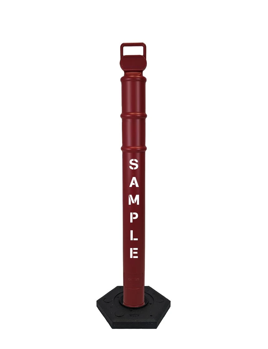Red 45\" Cortina EZ Grab delineator tube with 12 lb rubber base \u0026 2X custom lettering