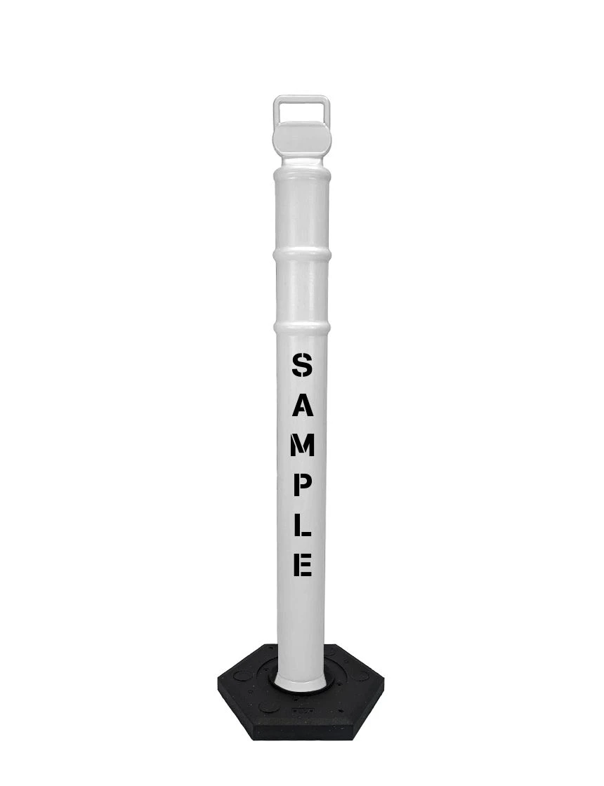 White 45\" Cortina EZ Grab delineator tube with 12 lb rubber base \u0026 2X custom lettering