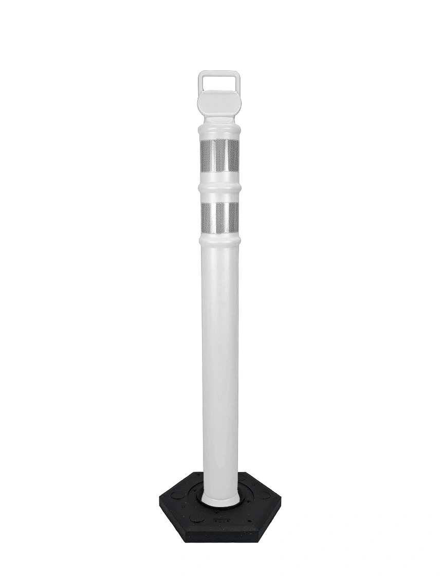 White 45\" Cortina EZ Grab delineator tube with two 3\" reflective collars \u0026 18 lb rubber base with Full Color Graphic