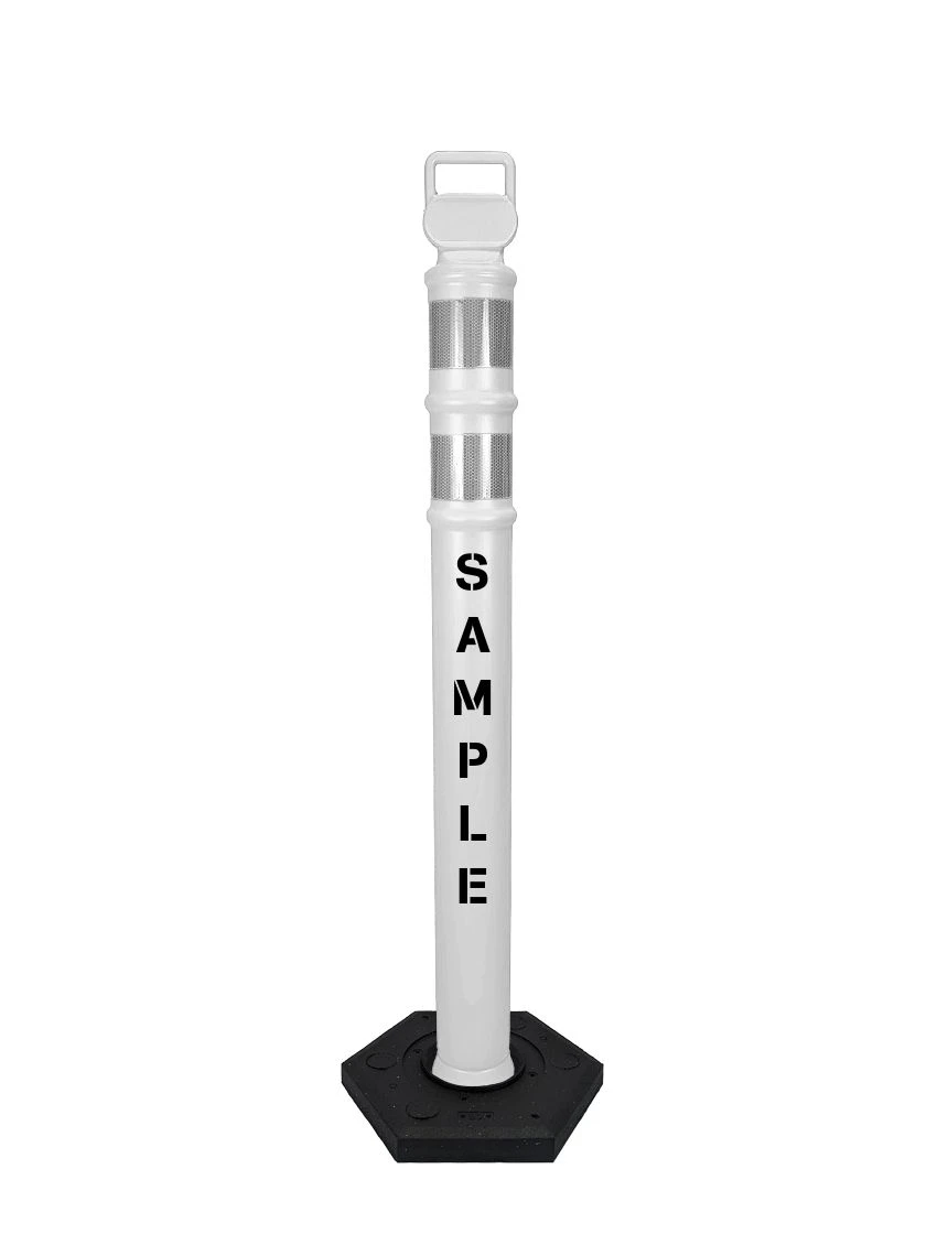 White 45\" Cortina EZ Grab delineator tube with two 3\" reflective collars \u0026 8 lb rubber base \u0026 custom lettering