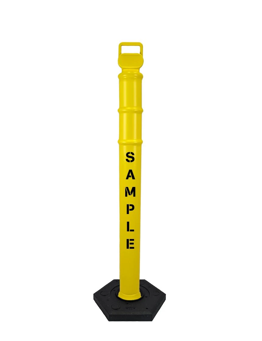 Yellow 45\" Cortina EZ Grab delineator tube with 12 lb rubber base \u0026 2X custom lettering