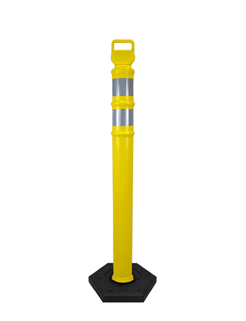 Yellow 45\" Cortina EZ Grab delineator tube with two 3\" reflective collars \u0026 8 lb rubber base with Full Color Graphic