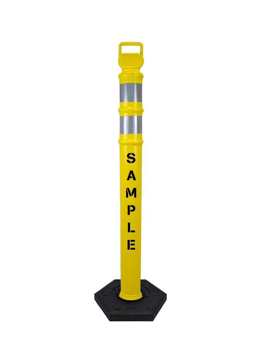 Yellow 45\" Cortina EZ Grab delineator tube with two 3\" reflective collars \u0026 8 lb rubber base \u0026 custom lettering