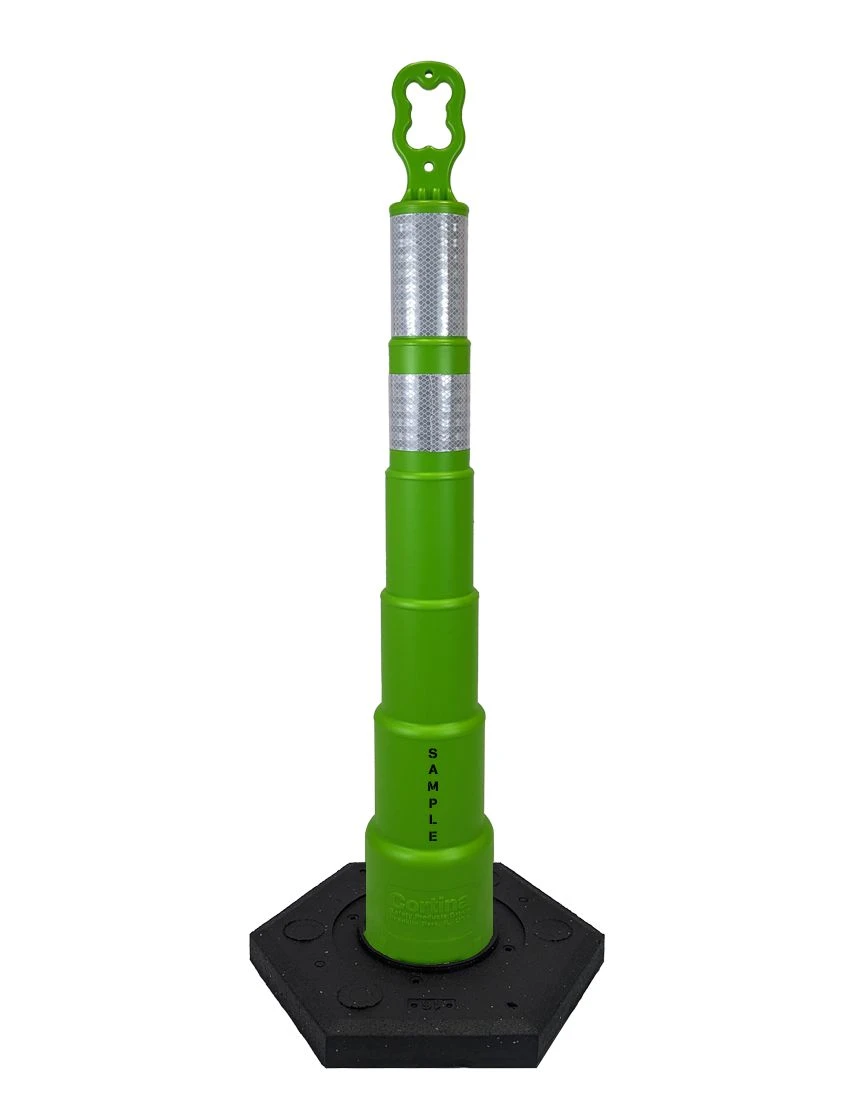 42 inch lime green EZ-Grab channelizer orange 16 lb base with 6\" \u0026 4\" reflective collars and 2X custom lettering