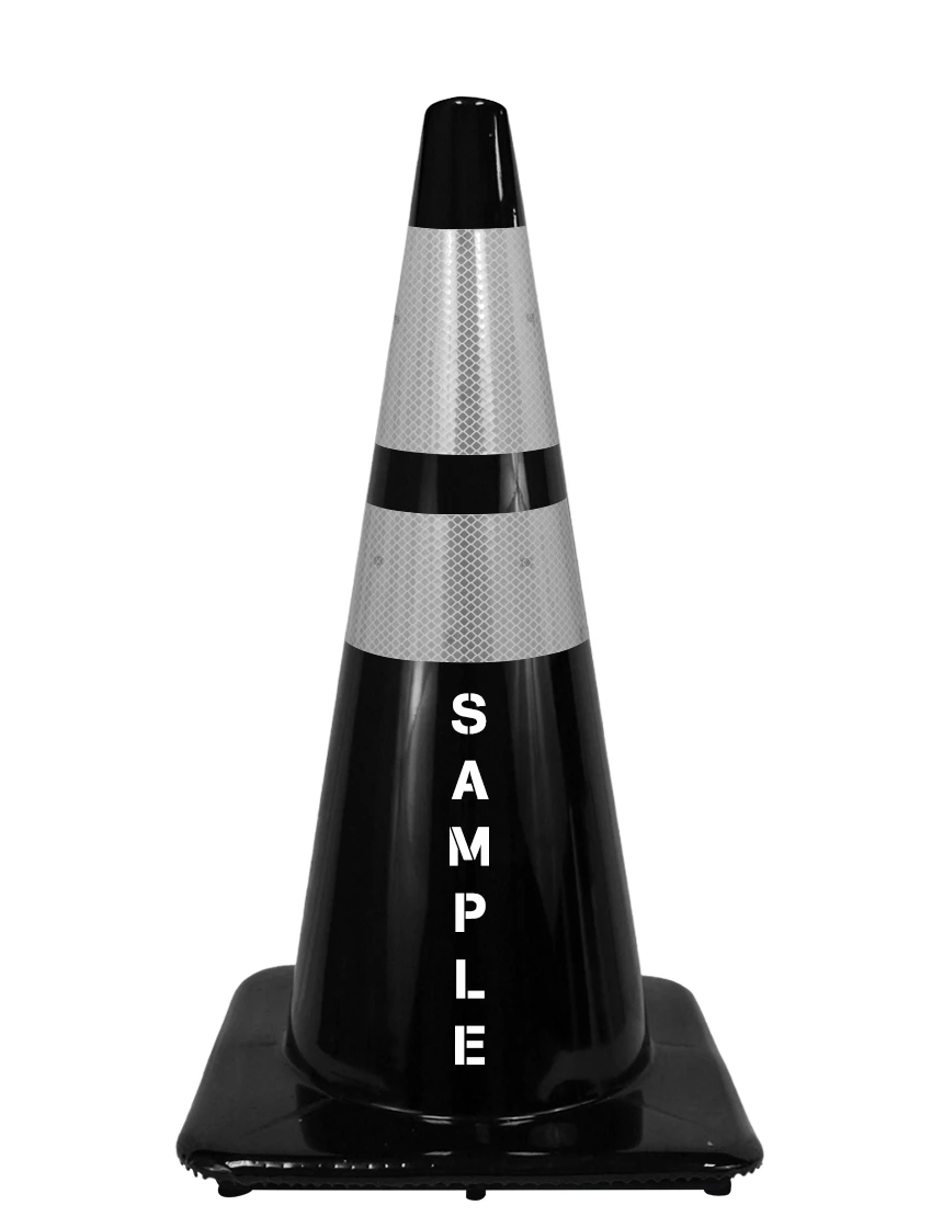28\" Traffic Cones 7 lbs Black Two Reflective Collars, Lettering Single Sided