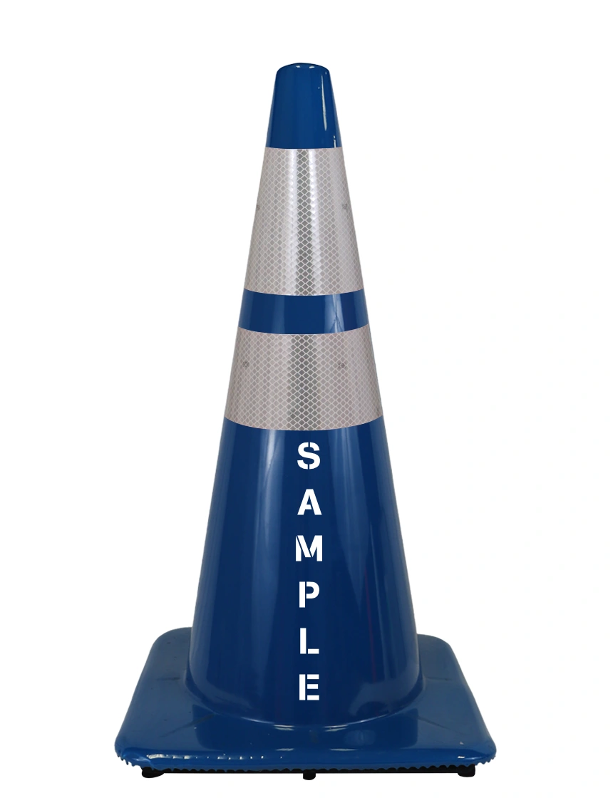 Blue 28\" Traffic Cone, 7 lbs, Two Reflective Collars, Lettering Single Side