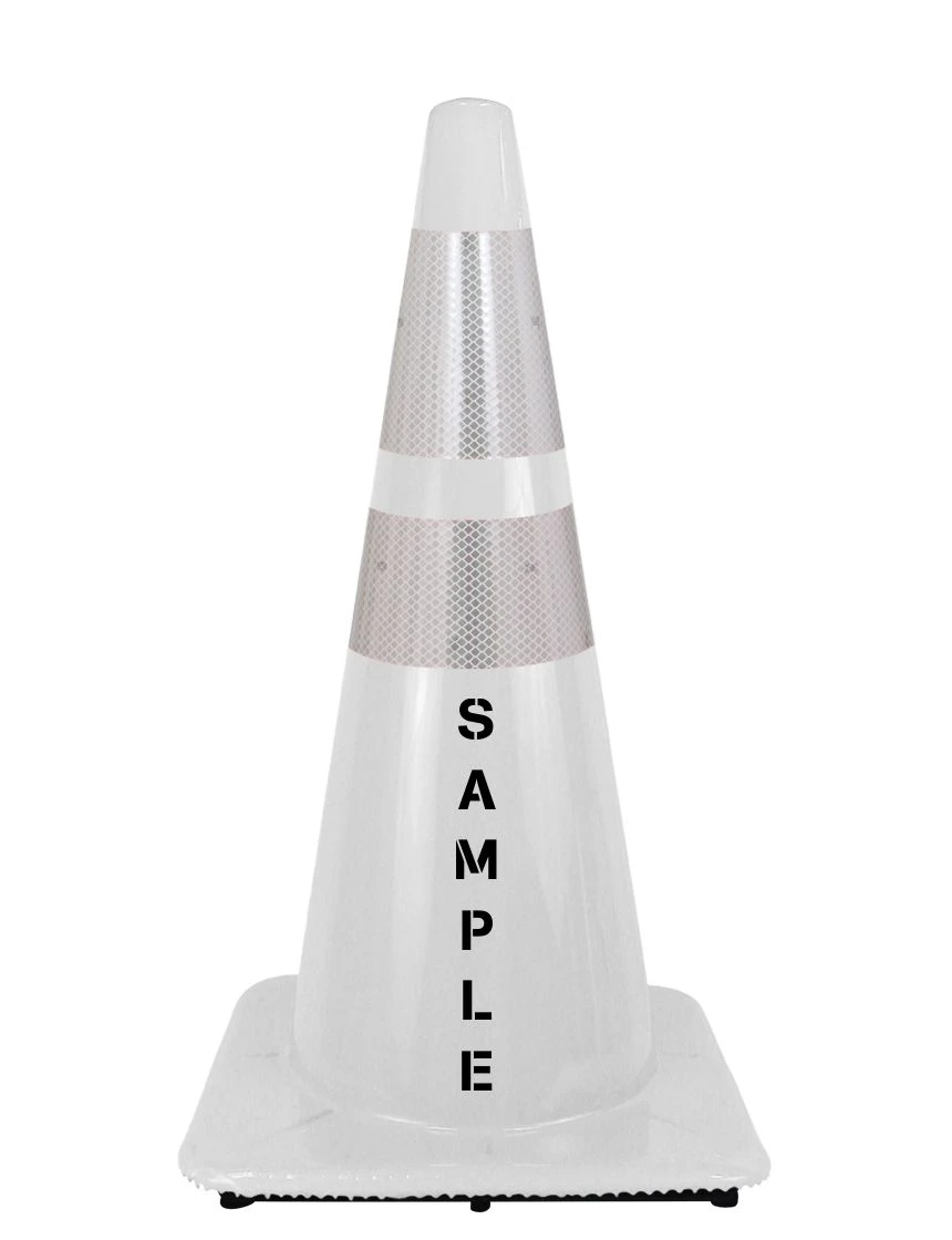 28\" Traffic Cones 7 lbs White Two Reflective Collars Lettering Double Sided