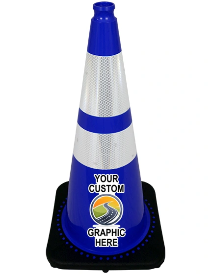 28\" Blue Traffic Cone w/ 6\" \u0026 4\" Reflective Collars w/ Full Color Graphic