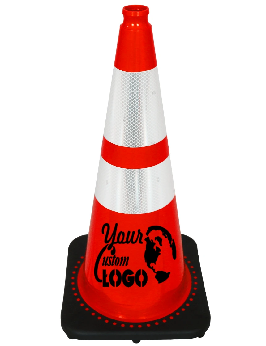 Orange 28\" 7 lbs JBC Black Base Traffic Cone w/ 6\" \u0026 4\" Reflective Collar w/ Single Color Graphic