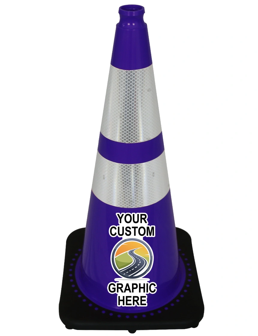Purple 28\" Traffic Cone w/ 6\" \u0026 4\" Reflective Collars w/ Full Color Graphic