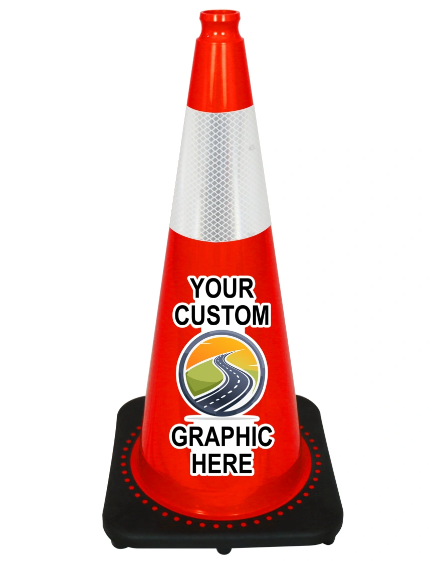 Orange 28\" 10 lbs JBC Black Base Traffic Cone w/ 6\" Reflective Collar w/ Full Color Graphic