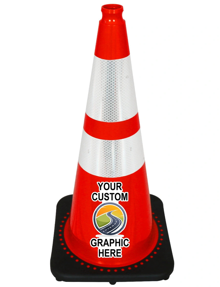 Orange 28\" 10 lbs JBC Black Base Traffic Cone w/ 6\" \u0026 4\" Reflective Collars w/ Full Color Graphic